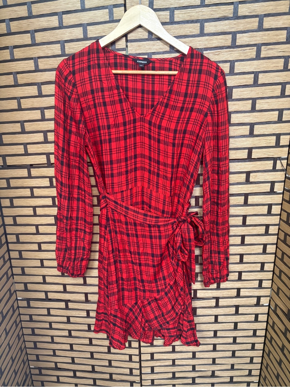 Express red and black plaid wrap style dress size small